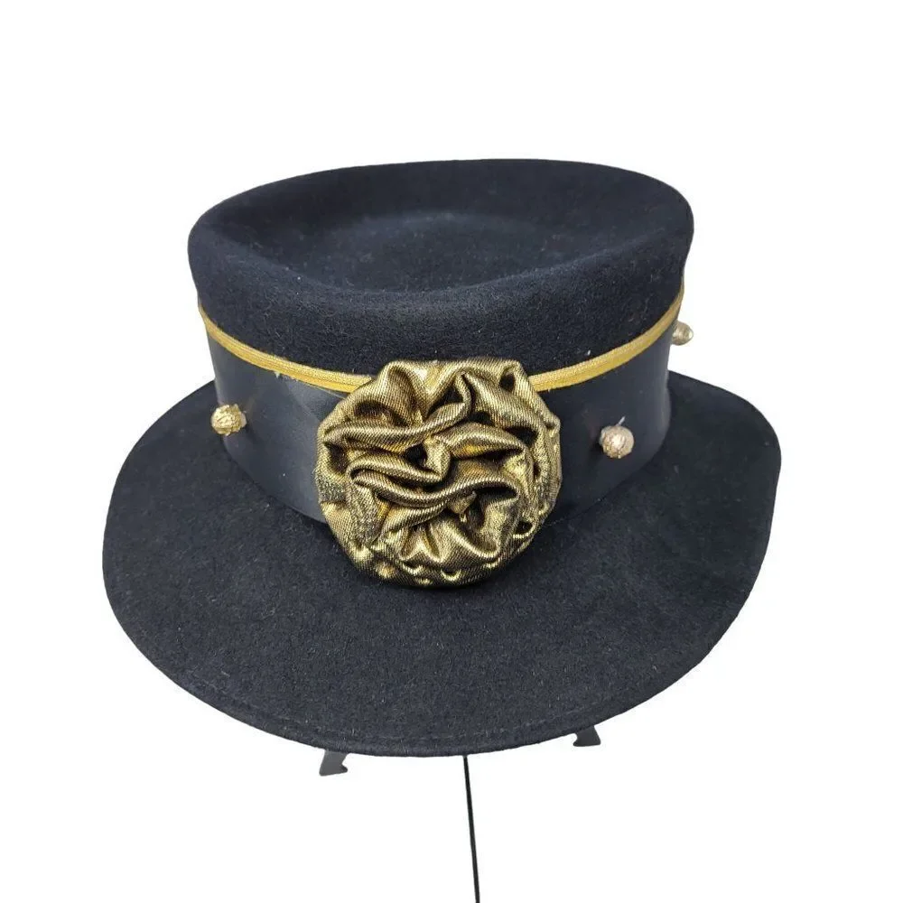 Vintage Steampunk 100% Wool Felt Top Hat Black Gold 3D Rosette USA‎ Cosplay - Picture 2 of 7